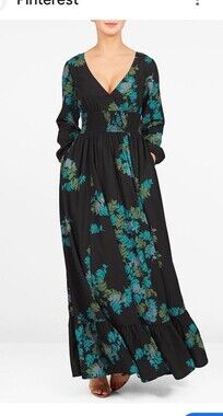 Eshakti Dress 1x Maxi Dress Black Leaf Print Boho Cottage Resort Cruise